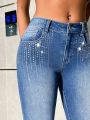 SHEIN BAE Women's Rhinestone Decor Flared Jeans
