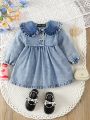 Infant Girls' Casual Denim Dress With Doll Collar, Comfortable