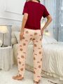 Ladies Bear English Print Short Sleeve Pants Pajama Set