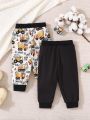 Baby Boys' 2pcs/set Excavator Printed Warm Sports & Leisure Pants For Daily Wear