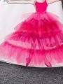 SHEIN Kids CHARMNG Little Girls' Lovely Flutter Sleeve Crown & Character Print Mesh Spliced Dress