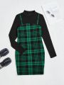 Teen Girl Plaid Print Ribbed Knit 2 In 1 Dress