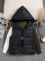 SHEIN Kids EVRYDAY Young Boys' Casual Zipper Hooded Vest Puffer Coat, Streetwear Style, Loose Fit, Winter, Warm Outerwear