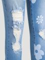 Teenage Girls' Flower Print Distressed Stretchy Skinny Flared Jeans