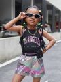 SHEIN Kids HYPEME Young Girl Summer Outfit, 2pcs/Set - Mysterious Printed Vest Top With Rainbow Shorts And Waist Bag