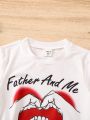 SHEIN Kids Cooltwn Toddler Boys' Casual Cool Gesture & Letter Printed Short Sleeve T-shirt Inversely Matching Of Colors
