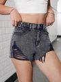 SHEIN SHEIN Teen Girls' Y2k Black Fashionable Cut-Off Denim Shorts, Casual And Versatile, Washed Look,Spring Summer Boho Jeans Shorts