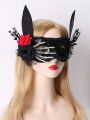 1pc Black Gothic Style Lace Mask With Sparkly Sequins, Ghost Hand, Butterfly, Ghost Head, Red Rose, Black Onion Powder, Bunny Ears, Eye Decoration For Women's Halloween Party/festival Wear