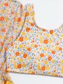 Tween Girls' Floral Print Bikini Set With Drawstring Waist Cover-Up