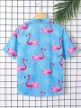 SHEIN Teen Boys' Casual All-Over Flamingo Print Short Sleeve Button-Up Shirt For Holidays
