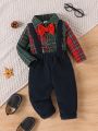 Newborn Baby Boys' Gentleman Green Plaid Shirt And Corduroy Overalls Two-Piece Outfit