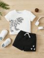 SHEIN Baby Boy Dinosaur Print Tee & Drawstring Waist Shorts