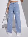 SHEIN Teen Girls Vacation Spring Break Floral Print Straight Leg Jeans,For Spring And Summer Outfits
