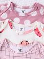 3pcs/Set Baby Girl Comfortable Jumpsuits, With Cartoon Rabbit & Sheep & Leopard & Polka Dot & Checkered Print, For Home Wear