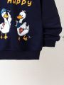 SHEIN Kids QTFun Boys' Cute Animal Printed Hooded Pullover Knit Sweater For Big Kids