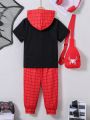 SHEIN 2pcs/set Toddler Boys' Cute Sporty Hooded Short Sleeve T-shirt, Long Pants And Bag Outfits For Spring And Summer