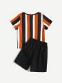 SHEIN Kids SPRTY Young Boy Color Block Striped Letter Printed Top Pure Color Shorts Casual Set