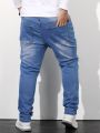 Manfinity Men Cotton Bleach Wash Ripped Frayed Straight Leg Jeans