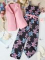 Teen Girls' Elegant Floral Print Spaghetti Strap Jumpsuit And Solid Color Top Two Piece Set For Vacation