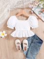 SHEIN Baby Girl's Summer Sweet White Bubble Short Sleeve Top With Ruffle Hem