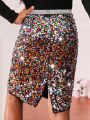 SHEIN Kids Cooltwn Tween Girls' Sparkly Back Slit Beaded A-Line Skirt