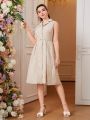 Teen Girl Jacquard Sleeveless Dress With Mandarin Collar And Front Button Closure