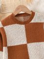 SHEIN Kids CHARMNG Tween Girl'S Checkerboard Round Neck Sweater