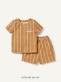 Cozy Cub Baby Boy Casual Striped Round Neck Short Sleeve Top And Shorts Set With Letter Pattern