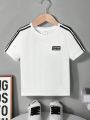 SHEIN Kids SPRTY Young Boy Sports Round Neck Striped T-Shirt With Letter Patchwork