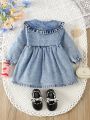 Infant Girls' Casual Denim Dress With Doll Collar, Comfortable
