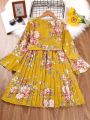 SHEIN Kids SUNSHNE Girls Floral Print Flounce Sleeve Pleated Hem Belted Dress