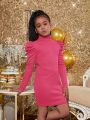 SHEIN Girls' Fashionable Urban Knit Solid Color Turtleneck Sheep Leg Long Sleeve Dress