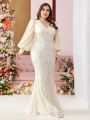 SHEIN Belle Plus Size Embroidered Beaded Dress With Bubble Sleeves And Fish Tail Hemline For Evening Party