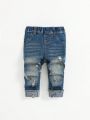 SHEIN Baby Boy Casual Loose Fit Mid-Rise Distressed Jeans, Irregular Cut And Elastic Waist