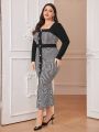 SHEIN Modely Plus Size Button Decorated Houndstooth Mermaid Dress