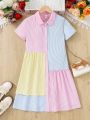 SHEIN Kids KDOMO Girls' Color Block Striped Patchwork Dress