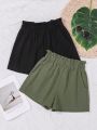 SHEIN Teenage Girls' Woven Solid Color Plus Size Shorts Set With Frill Trim Elastic Waistband And Pockets