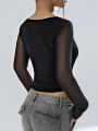 Patchwork Sheer Sleeve Cropped T-shirt