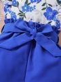 Toddler Girls' Blue Floral Printed Ruffle Trim Top And Shorts Set