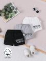 3pcs/Set Spring/Summer Baby Boys' Comfortable Sporty/Leisure/Casual Cute Bottoms, Three Colors: Black/White/Grey, Printed Text