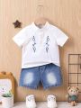2pcs Baby Boys' Spring/Summer White Half-Zip Embroidered Short Sleeve Top And Denim Shorts Trendy Outfit