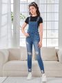 SHEIN Teen Girls Ripped Denim Overalls Without Tee