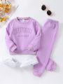 SHEIN Kids HYPEME Little Girls' Purple Round Neck Long Sleeve Sweatshirt And Sweatpants Set