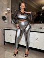 SHEIN SXY Plus Size Women'S Mesh Splice Cropped Top And Leggings Two Piece Set