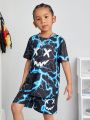 SHEIN Kids Cooltwn Boys' Colorful All-Over Printed Short Sleeve T-Shirt And Shorts Set