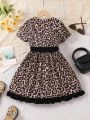 SHEIN Kids HYPEME Little Girls' Leopard Print Black Short Sleeve Dress With Ruffled Hem Detail