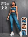SHEIN Yoga Trendy Jeans Pattern Cross Back Athletic Set