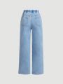 SHEIN Teenage Women'S Casual Mid-Rise Elastic Band Loose Fit Denim Ripped Straight Pants