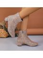 Women's Western Boots With Chunky Heels, Side Zipper And Golden Sparkling Decoration