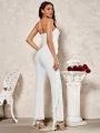 SHEIN BAE Women Strapless Jumpsuit With Ruched Bodice, Flared Pants, And Peplum Hem Belt, White, Elegant For Valentine's Day Romantic Date